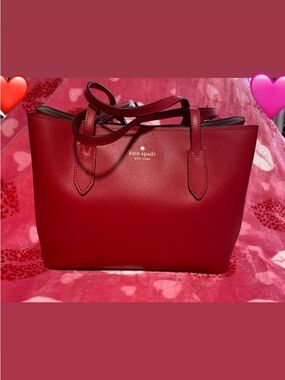 kate spade red leather tote with gold logo lettering